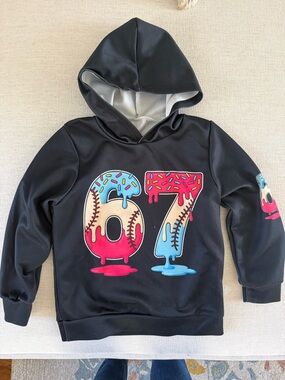67 Baseball Drip Hoodie Kids 7/8 Black Six Seven Trendy Sweatshirt